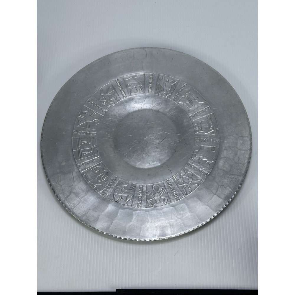 Vintage ARTHUR ARMOUR Hand Hammered Aluminum Sundial Zodiac Tray Platter 16"